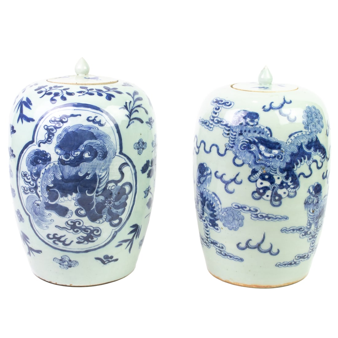 (lot of 2) Chinese blue and white celadon jars: (lot of 2) Chinese blue and white celadon jars. Featuring various lions, late 19th century, 12.75" and 13" high. Provenance: Estate of Reynold Tom, Piedmont, California.