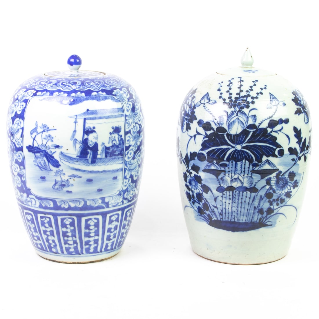 (lot of 2) Chinese blue and white jars with lids: (lot of 2) Chinese blue and white jars with lids. Depicting the motifs of figures in the boat and the flowers, 19th century, 12.75" and 13.25" high. Provenance: Estate of Reynold Tom, Piedmont, Califo