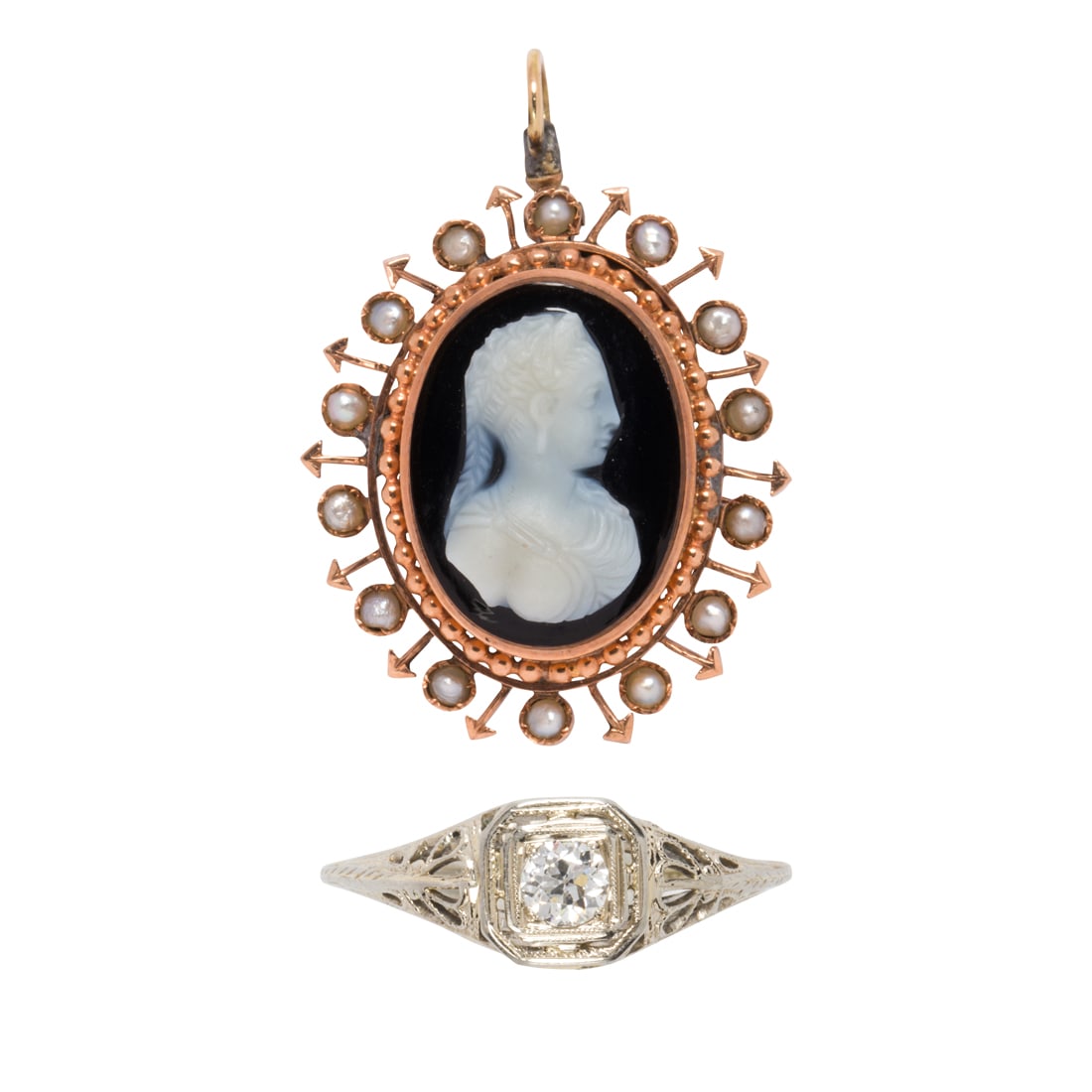 A Cameo brooch and diamond ring