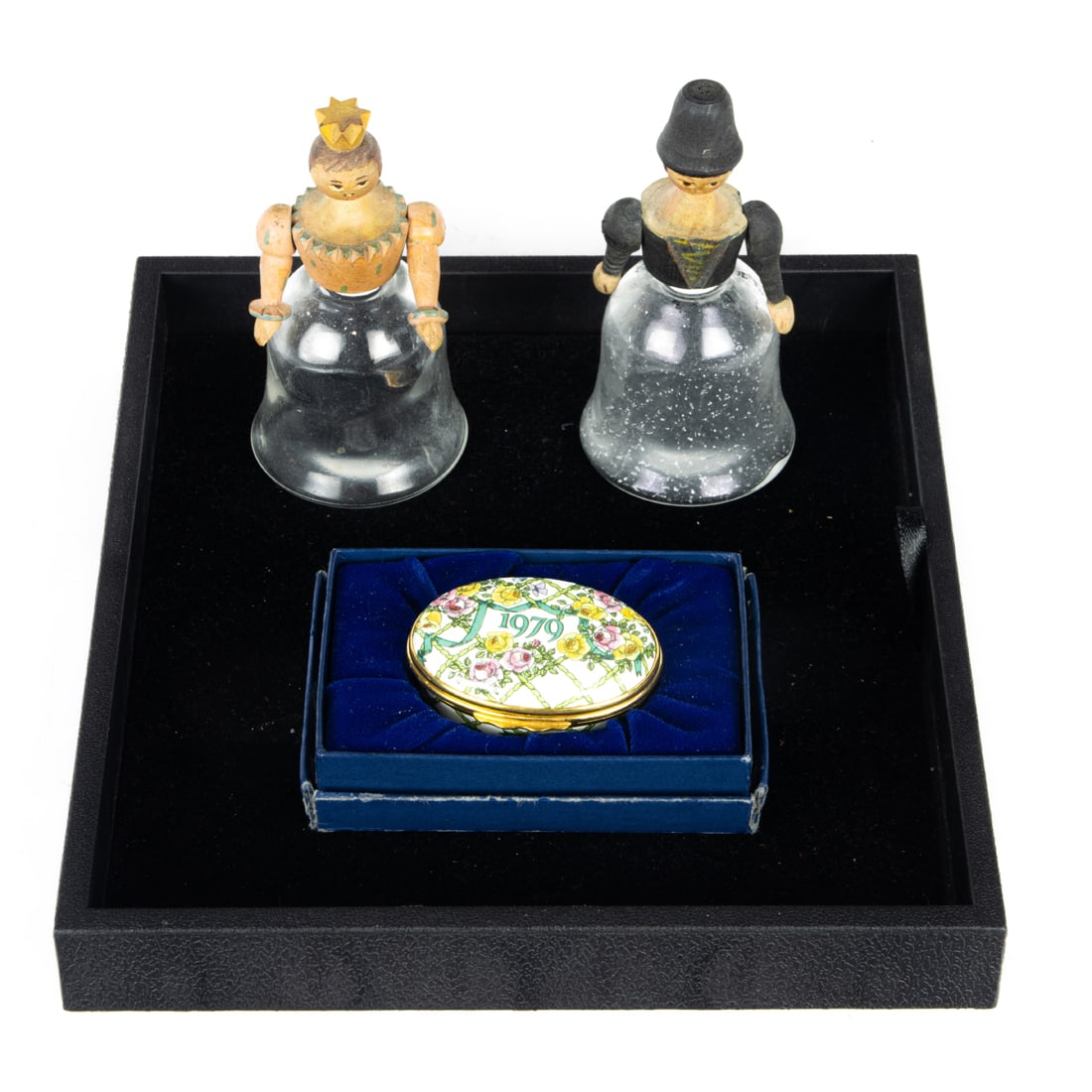 Two German figural perfume bottles with articulated wood bust form stoppers (1 of 1)