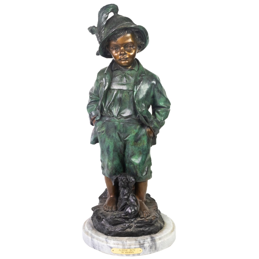 A patinated bronze figure of a youth: Alpine Boy: A patinated bronze figure of a youth: Alpine Boy, signed Haubner, third quarter 20th century, raised on marble plinth, 27"h x 11"w x 11"d