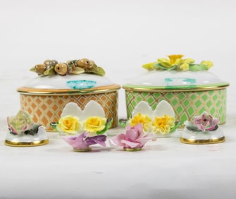 A collection of Royal Crown Derby and Coalport porcelain floral place card holder