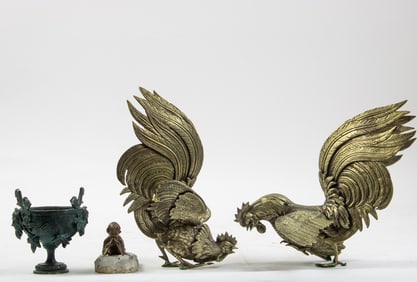 An assembled group, including pair of silver plated fighting cocks