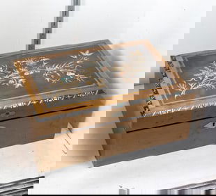 An Anglo Indian inlaid travel/lap desk the cover inlaid with bird on flowering branch