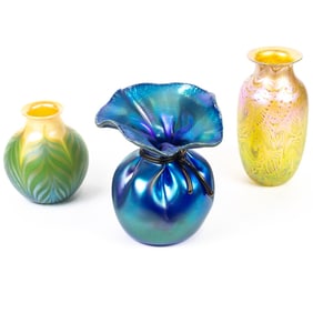 Three Orient & Flume iridescent glass vases