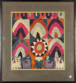 A framed Peruvian needlepoint textile picture