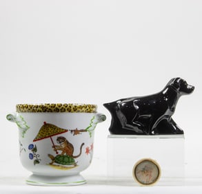 A Lalique black glass labrador dog and a Lynn Chase porcelain cache pot