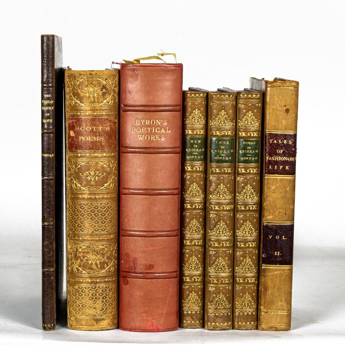 Fine binding: 7 volumes with fine bindings by Riviere & Son: Fine binding: 7 volumes with fine bindings by Riviere & Son, John Bumpus and others, including (1) Jordan, David Starr. The Philosophy of Hope. San Francisco & New York: Paul Elder & Co. (1) Scott, Si