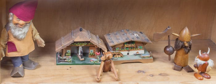 An assembled group, including Steiff gnome doll