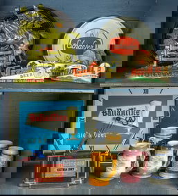 A collection of bar accessories, including Ballantine advertising clock