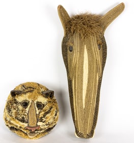 Two ethnic animal form basket weave masks