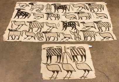 Two African Kuba textiles, approximately 2'3" x 2'8" and 4' x 7'