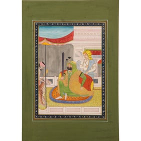 A Sikh miniature painting of a Marahaja seated and holding a sword