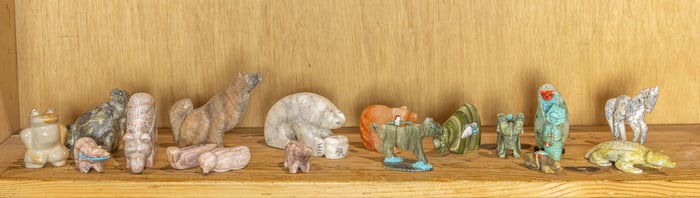 A lot of eighteen Zuni stone fetish carvings of animals and kachinas