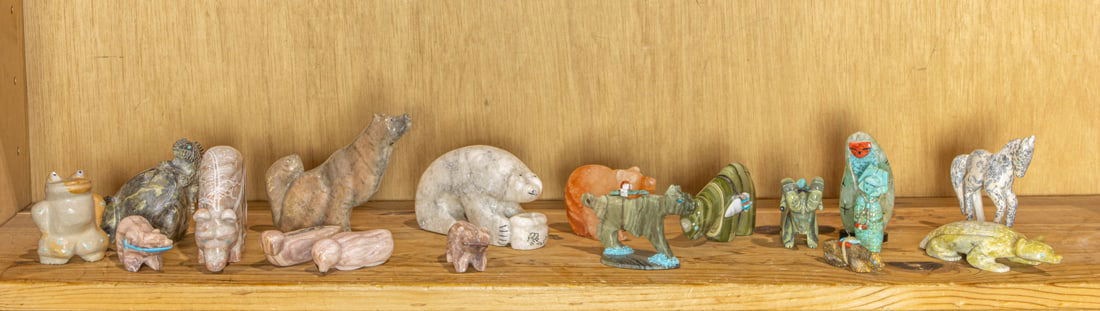 A lot of eighteen Zuni stone fetish carvings of animals and kachinas (1 of 1)