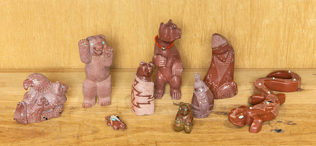 A lot of nine Zuni inlaid brick red colored fetish carvings (1 of 1)