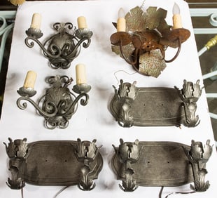 A lot of five Dana Creath two light patinated wall sconces