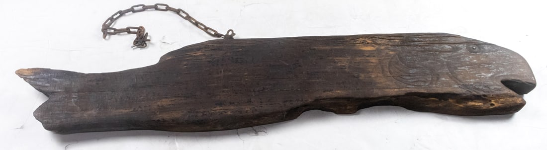 A vintage wood fishmonger's sign carved in the form of a fish (1 of 2)