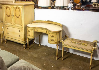 A lot of three Louis XVI style painted bedroom furniture items