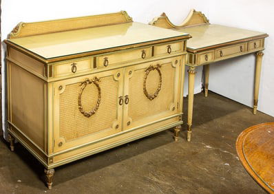 A lot of two Louis XVI style painted bedroom items