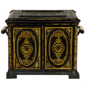 A Gothic Revival gilt decorated tole coal bin with ceramic handles
