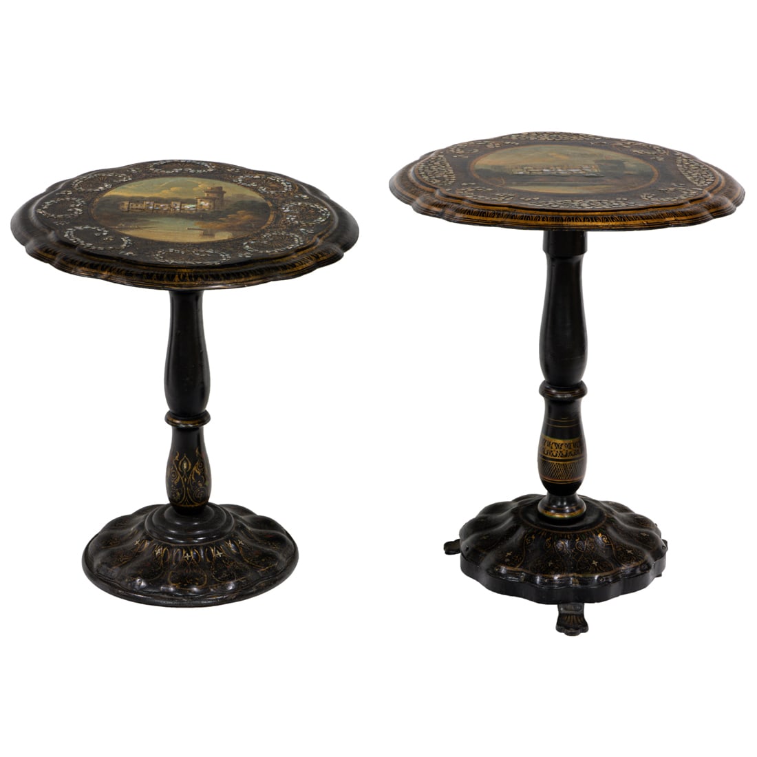 A suite of two Continental papier mache tilt top tables: A suite of two Continental papier mache tilt top tables, both with mother of pearl inlay surrounding the titled scenes of Windsor or Warwick castles, and rising on a columnar standard terminating on a