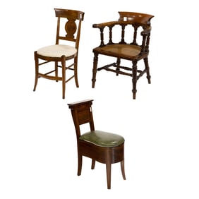 A group of three chairs, comprising (1) Victorian commode chair with green leather lid