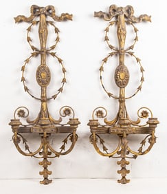 A pair of Italian Neoclassical style giltwood and gesso three-light wall sconces