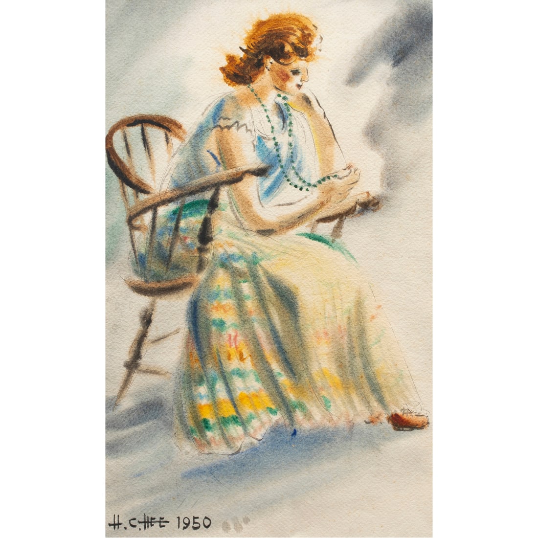 Watercolor, Hon Chew Hee: Hon Chew Hee (American, 1906-1993), Untitled (Seated Woman), 1950, watercolor and ink on paper, signed and dated lower left, sight: 17.5"h x 10.5"w, overall (with frame): 25.25"h x 18"w