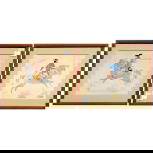 Prints, Harrison Begay: (lot of 2) Harrison Begay (Navajo/American, 1917-2012), Riders, silkscreen prints, each signed in plate lower right, gallery labels (Tewa, Santa Fe, NM) affixed verso, overall (with frame, for each):
