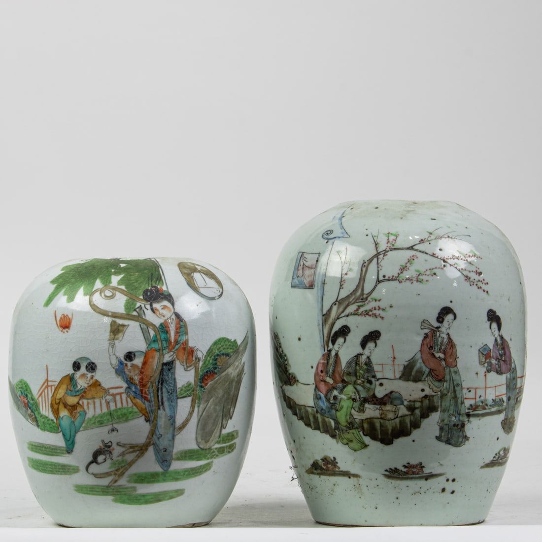 (lot of 2) Chinese famille rose jars: (lot of 2) Chinese famille rose jars. Decorated with beauties, from 9" to 11" high. Provenance: Estate of Reynold Tom, Piedmont, California.