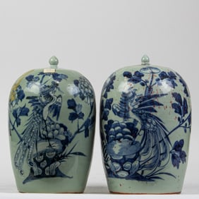 (lot of 2) Chinese blue and white celadon jars with covers