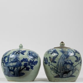 (lot of 2) Chinese blue and white celadon jars with lids