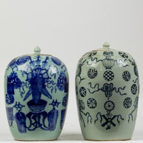 (lot of 2) Chinese blue and white celadon jars with covers