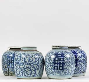 (lot of 4) Chinese blue and white 'Double Happiness' jars with covers