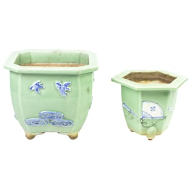 (lot of 2) Chinese molded celadon glazed planters