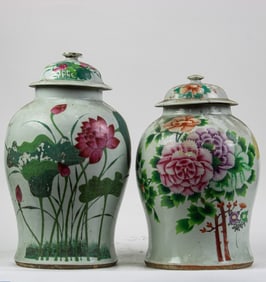 (lot of 2) Chinese famille rose jars with lids