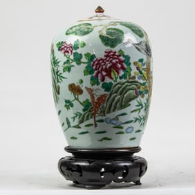 Chinese famille rose jar with lid and stand
