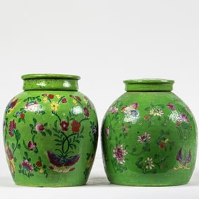 Chinese green glazed covered jars