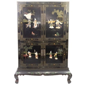 Chinese soapstone inlaid chest on stand
