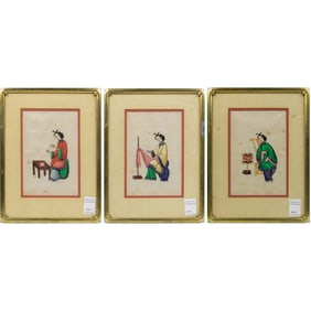 (lot of 3) Chinese export school paintings depicting ladies sewing