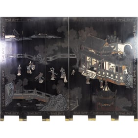 Chinese coromandel style laquered six-panel folding screen