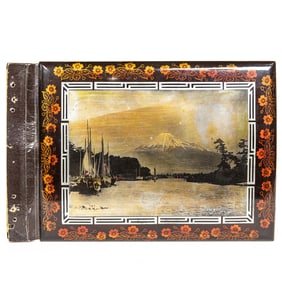 A Japanese lacquer photo album cover decorated with photographic image of Mt