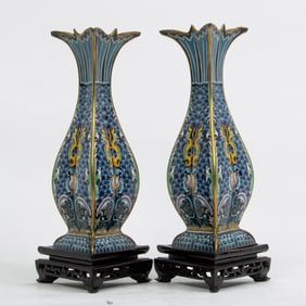 (lot of 2) Chinese cloisonne enamel triangular fish vases
