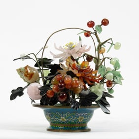 Chinese hardstone and cloisonne enamel flower in basket