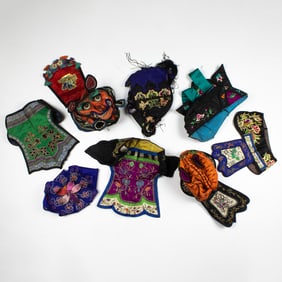 (lot of 8) Chinese embroidered silk baby hats