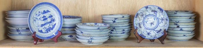 Shelf of Chinese blue and white dishes