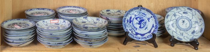 Shelf of Chinese blue and white dishes