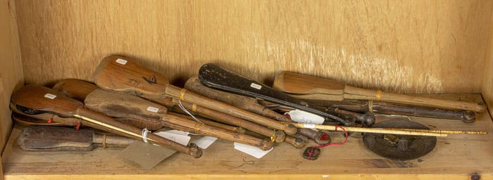 Shelf of Chinese hand-held balance scale sets with original wooden cases