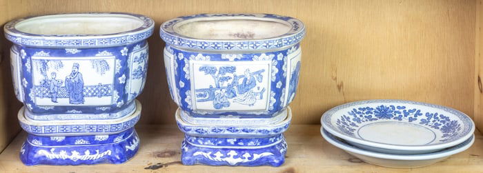 Shelf of Chinese blue and white porcelain articles